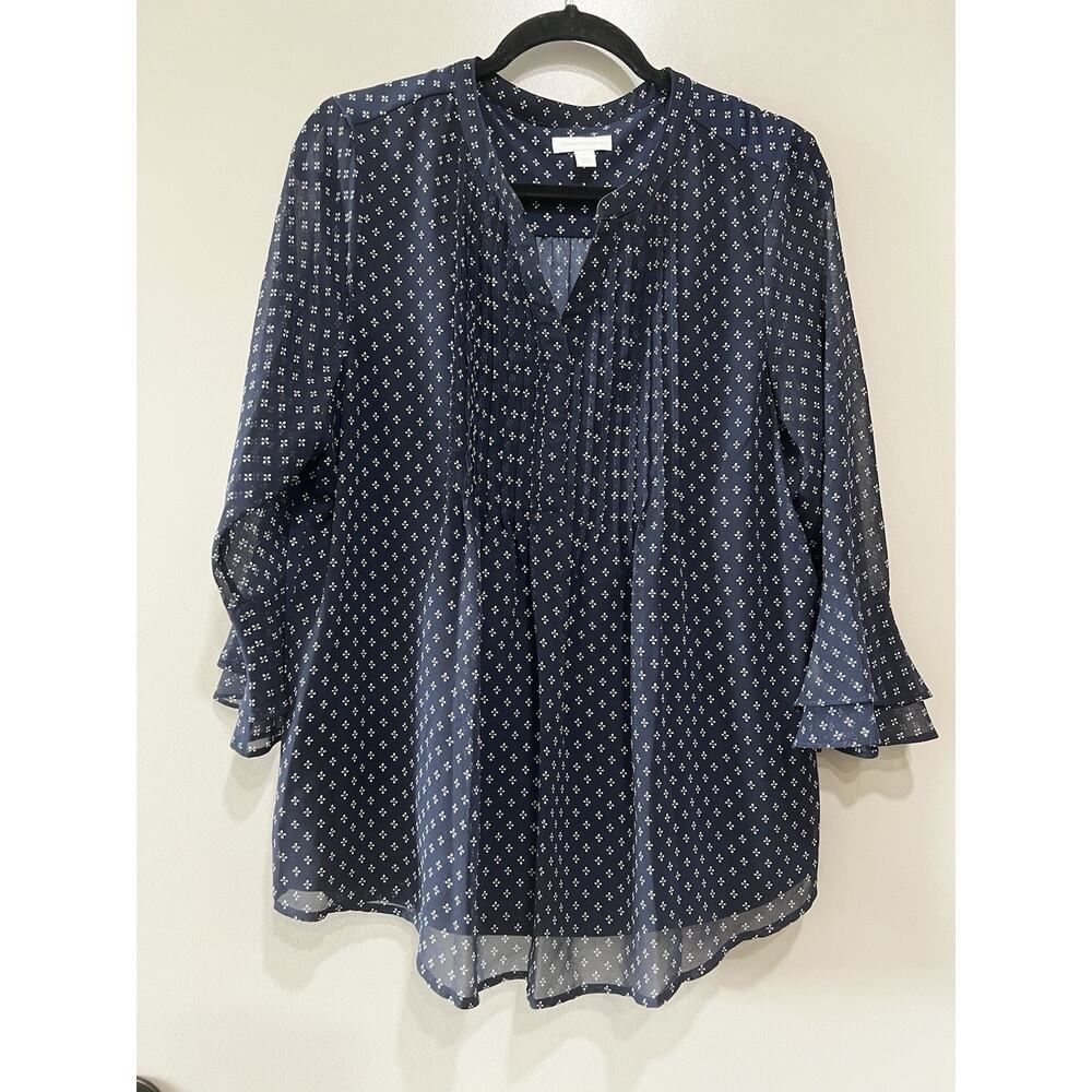 Women's Blue Flowy pintuck Flowy Blouse Tunic Ruffle bell sleeves feminine - L - Picture 3 of 10